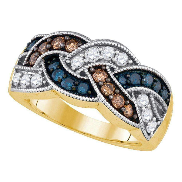 10kt Yellow Gold Women's Round Brown Blue Color Enhanced Diamond Woven Band Ring 1.00 Cttw - FREE Shipping (US/CAN)-Gold & Diamond Bands-5-JadeMoghul Inc.