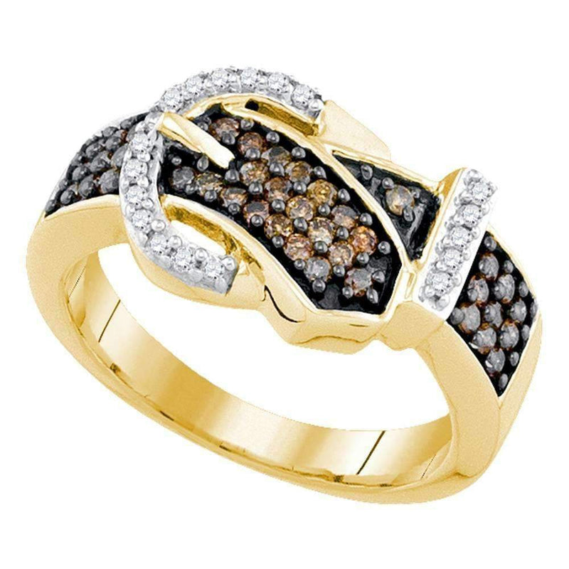 10kt Yellow Gold Women's Round Brown Color Enhanced Diamond Belt Buckle Band Ring 1-2 Cttw - FREE Shipping (US/CAN)-Gold & Diamond Fashion Rings-JadeMoghul Inc.