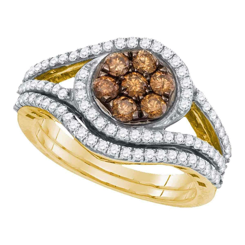 10kt Yellow Gold Womens Round Brown Color Enhanced Diamond Bridal Wedding Engagement Ring Band Set 1.00 Cttw-Gold & Diamond Wedding Ring Sets-JadeMoghul Inc.