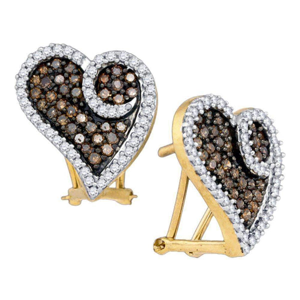 10kt Yellow Gold Women's Round Brown Color Enhanced Diamond Heart Earrings 1.00 Cttw - FREE Shipping (USA/CAN)-Gold & Diamond Earrings-JadeMoghul Inc.