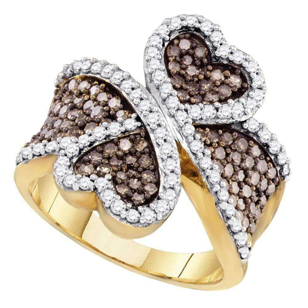 10kt Yellow Gold Womens Round Brown Color Enhanced Diamond Heart Ring 1-1-2 Cttw-Gold & Diamond Heart Rings-JadeMoghul Inc.