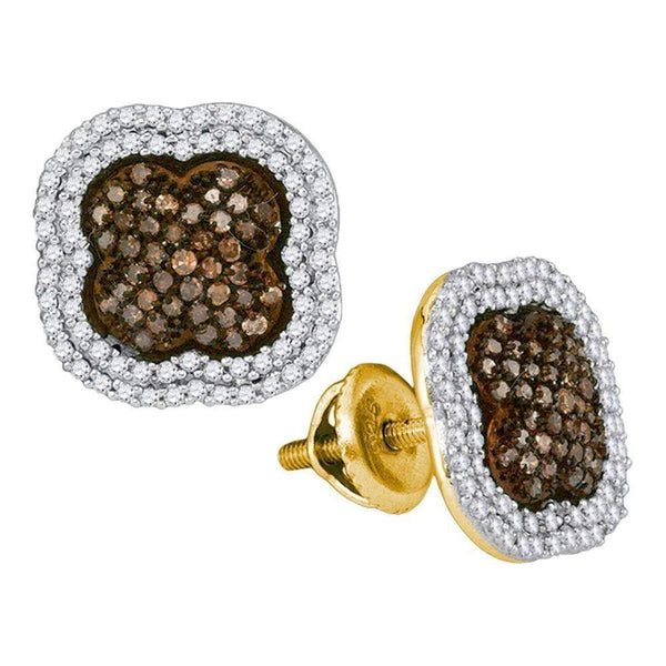 10kt Yellow Gold Women's Round Brown Color Enhanced Diamond Quatrefoil Cluster Earrings 3-4 Cttw - FREE Shipping (US/CAN)-Gold & Diamond Earrings-JadeMoghul Inc.
