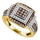 10kt Yellow Gold Women's Round Brown Color Enhanced Diamond Square Cluster Ring 1.00 Cttw - FREE Shipping (US/CAN)-Gold & Diamond Cluster Rings-5-JadeMoghul Inc.