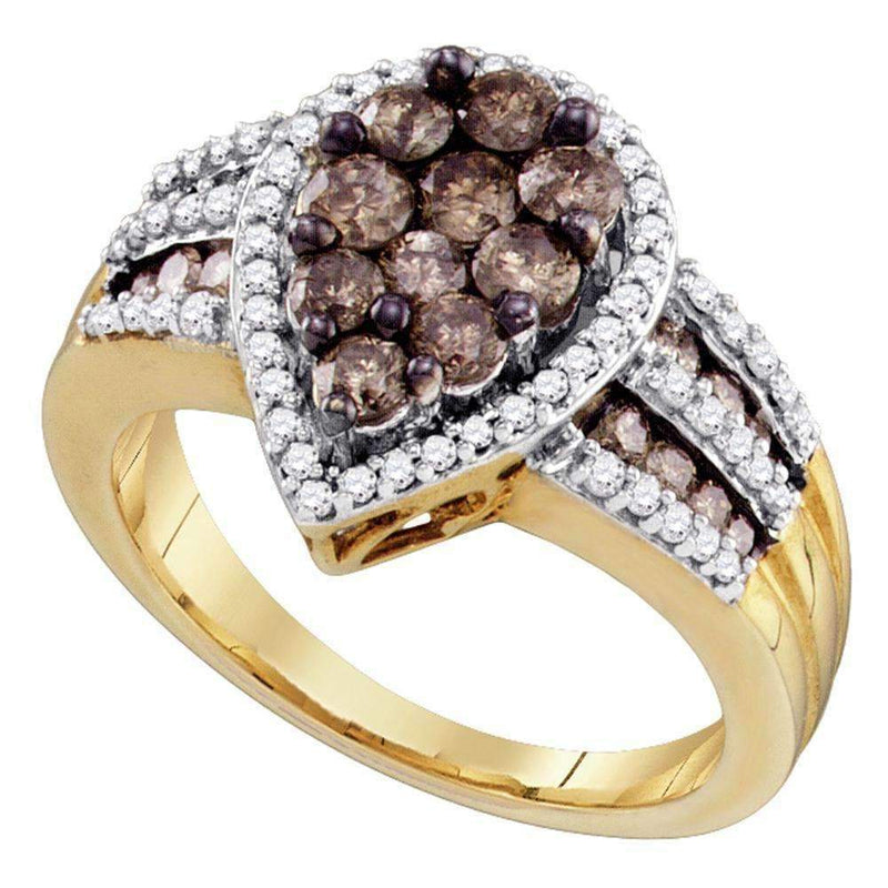 10kt Yellow Gold Womens Round Brown Color Enhanced Diamond Teardrop Cluster Ring 1-1-2 Cttw-Gold & Diamond Cluster Rings-JadeMoghul Inc.
