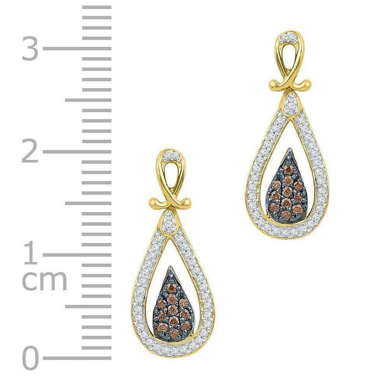10kt Yellow Gold Women's Round Brown Color Enhanced Diamond Teardrop Dangle Earrings 1-3 Cttw - FREE Shipping (US/CAN)-Gold & Diamond Earrings-JadeMoghul Inc.
