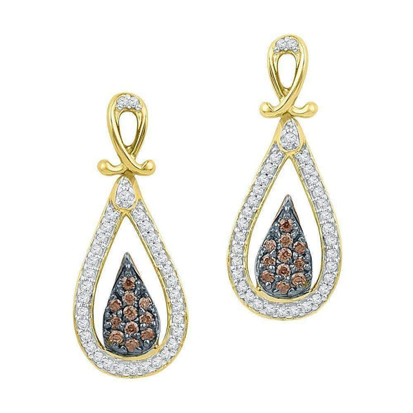 10kt Yellow Gold Women's Round Brown Color Enhanced Diamond Teardrop Dangle Earrings 1-3 Cttw - FREE Shipping (US/CAN)-Gold & Diamond Earrings-JadeMoghul Inc.