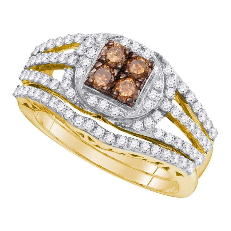 10kt Yellow Gold Women's Round Cognac-brown Color Enhanced Diamond Bridal Wedding Engagement Ring Band Set 1 Cttw - FREE Shipping (US/CAN)-Gold & Diamond Wedding Ring Sets-5-JadeMoghul Inc.