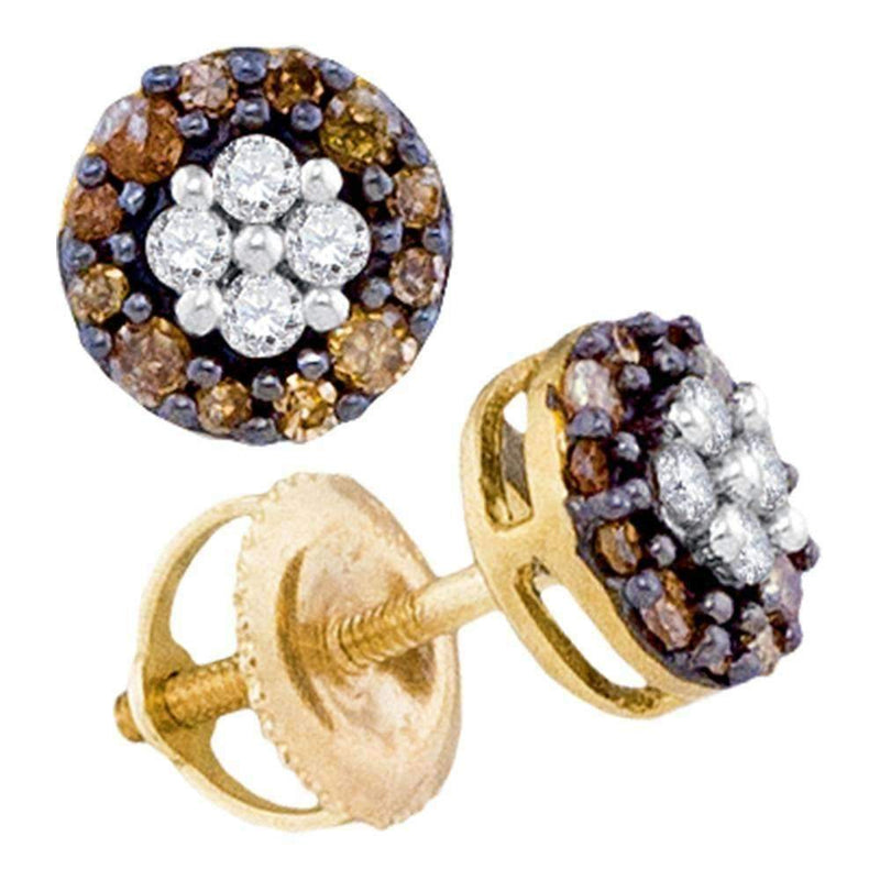 10kt Yellow Gold Women's Round Cognac-brown Color Enhanced Diamond Cluster Earrings 1-3 Cttw - FREE Shipping (USA/CAN)-Gold & Diamond Earrings-JadeMoghul Inc.