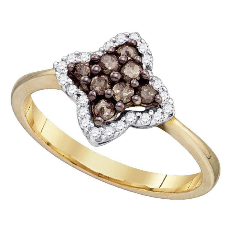 10kt Yellow Gold Women's Round Cognac-brown Color Enhanced Diamond Cluster Ring 1/3 Cttw - FREE Shipping (US/CAN)-Gold & Diamond Cluster Rings-5-JadeMoghul Inc.