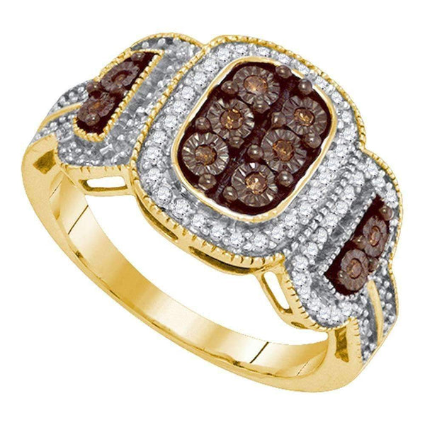 10kt Yellow Gold Women's Round Cognac-brown Color Enhanced Diamond Cluster Ring 1/3 Cttw - FREE Shipping (US/CAN)-Gold & Diamond Cluster Rings-5-JadeMoghul Inc.