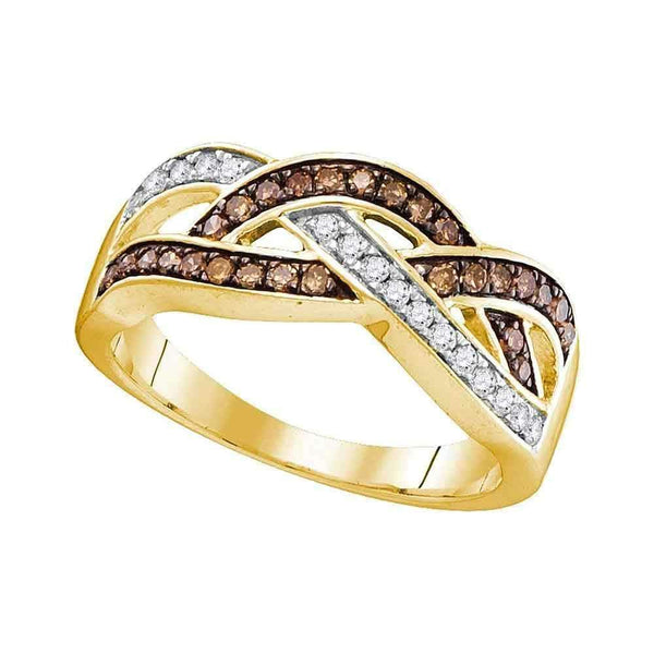 10kt Yellow Gold Women's Round Cognac-brown Color Enhanced Diamond Crossover Band Ring 1/3 Cttw - FREE Shipping (US/CAN)-Gold & Diamond Bands-5.5-JadeMoghul Inc.