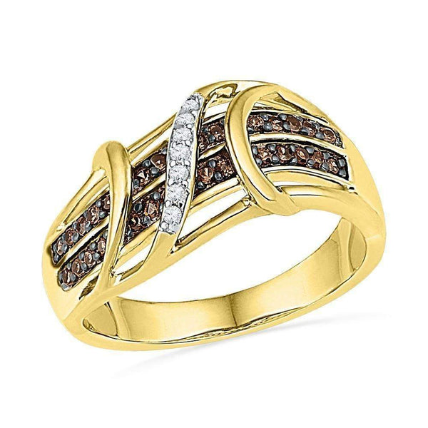 10kt Yellow Gold Women's Round Cognac-brown Color Enhanced Diamond Crossover Strand Band 1-4 Cttw - FREE Shipping (US/CAN)-Gold & Diamond Bands-JadeMoghul Inc.