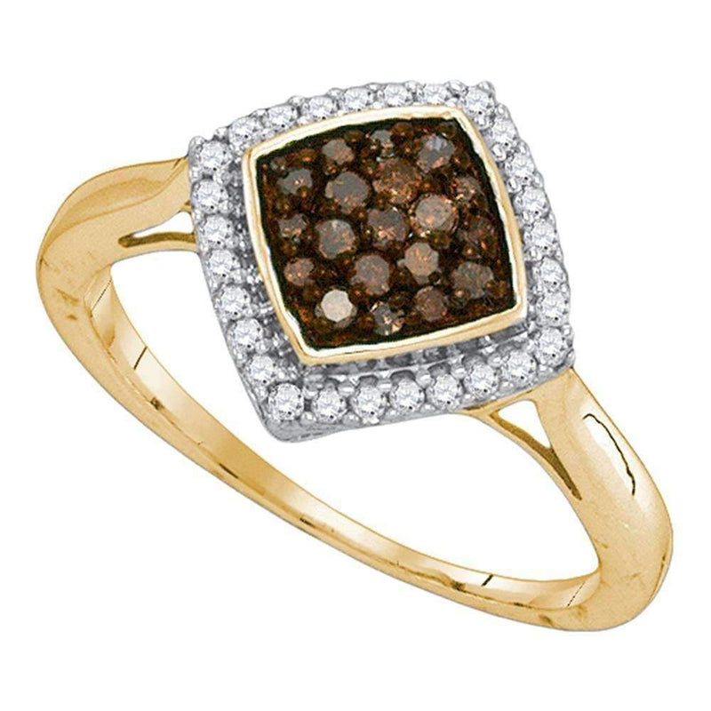 10kt Yellow Gold Women's Round Cognac-brown Color Enhanced Diamond Diagonal Square Cluster Ring 1/3 Cttw - FREE Shipping (US/CAN)-Gold & Diamond Cluster Rings-5-JadeMoghul Inc.