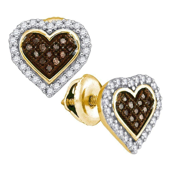 10kt Yellow Gold Women's Round Cognac-brown Color Enhanced Diamond Heart Cluster Earrings 1-4 Cttw - FREE Shipping (USA/CAN)-Gold & Diamond Earrings-JadeMoghul Inc.