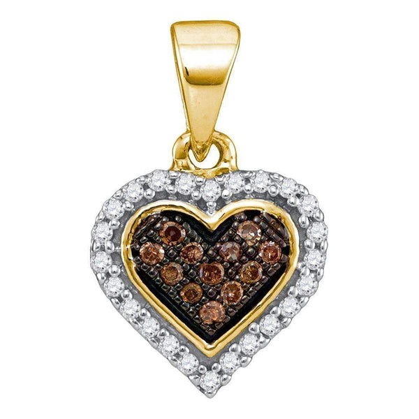 10kt Yellow Gold Women's Round Cognac-brown Color Enhanced Diamond Heart Cluster Pendant 1-8 Cttw - FREE Shipping (US/CAN)-Gold & Diamond Pendants & Necklaces-JadeMoghul Inc.