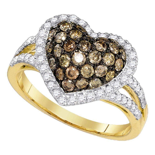 10kt Yellow Gold Womens Round Cognac-brown Color Enhanced Diamond Heart Love Ring 1-3/8 Cttw-Gold & Diamond Heart Rings-10.5-JadeMoghul Inc.