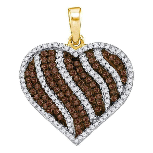 10kt Yellow Gold Women's Round Cognac-brown Color Enhanced Diamond Heart Stripe Pendant 1-1-2 Cttw - FREE Shipping (US/CAN)-Gold & Diamond Pendants & Necklaces-JadeMoghul Inc.