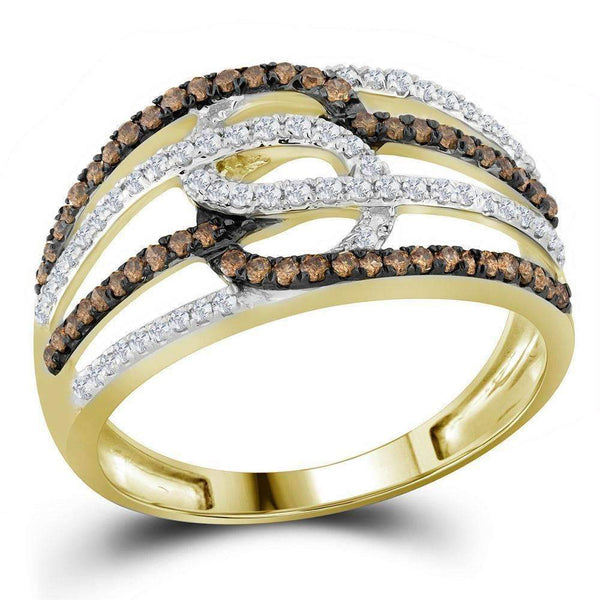 10kt Yellow Gold Women's Round Cognac-brown Color Enhanced Diamond Linked Loop Band Ring 3-8 Cttw - FREE Shipping (US/CAN)-Gold & Diamond Bands-JadeMoghul Inc.