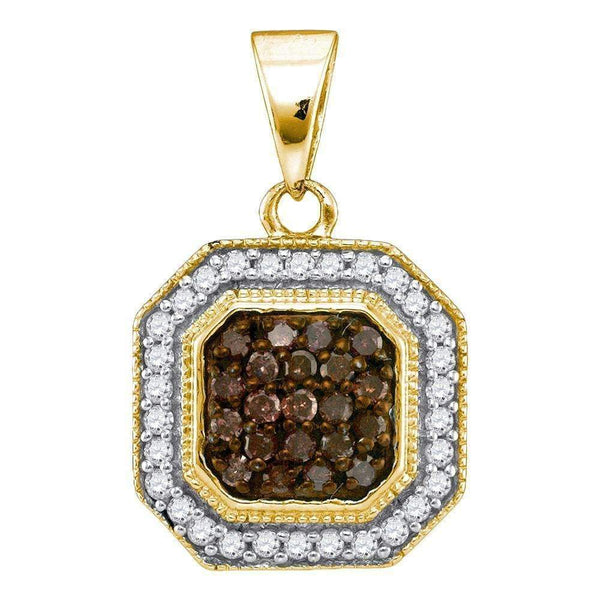 10kt Yellow Gold Women's Round Cognac-brown Color Enhanced Diamond Octagon Cluster Pendant 1-3 Cttw - FREE Shipping (US/CAN)-Gold & Diamond Pendants & Necklaces-JadeMoghul Inc.