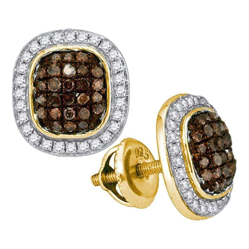 10kt Yellow Gold Women's Round Cognac-brown Color Enhanced Diamond Oval Cluster Earrings 1-2 Cttw - FREE Shipping (USA/CAN)-Gold & Diamond Earrings-JadeMoghul Inc.