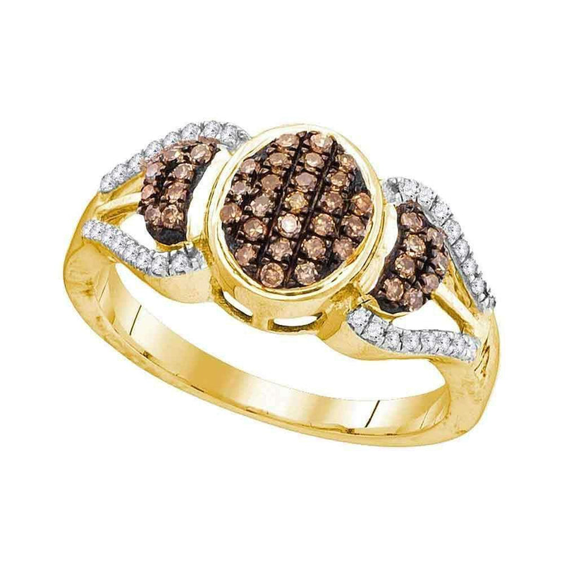 10kt Yellow Gold Women's Round Cognac-brown Color Enhanced Diamond Oval Cluster Ring 1/3 Cttw - FREE Shipping (US/CAN)-Gold & Diamond Cluster Rings-5-JadeMoghul Inc.