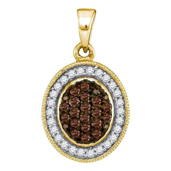 10kt Yellow Gold Women's Round Cognac-brown Color Enhanced Diamond Oval Frame Cluster Pendant 1-3 Cttw - FREE Shipping (US/CAN)-Gold & Diamond Pendants & Necklaces-JadeMoghul Inc.