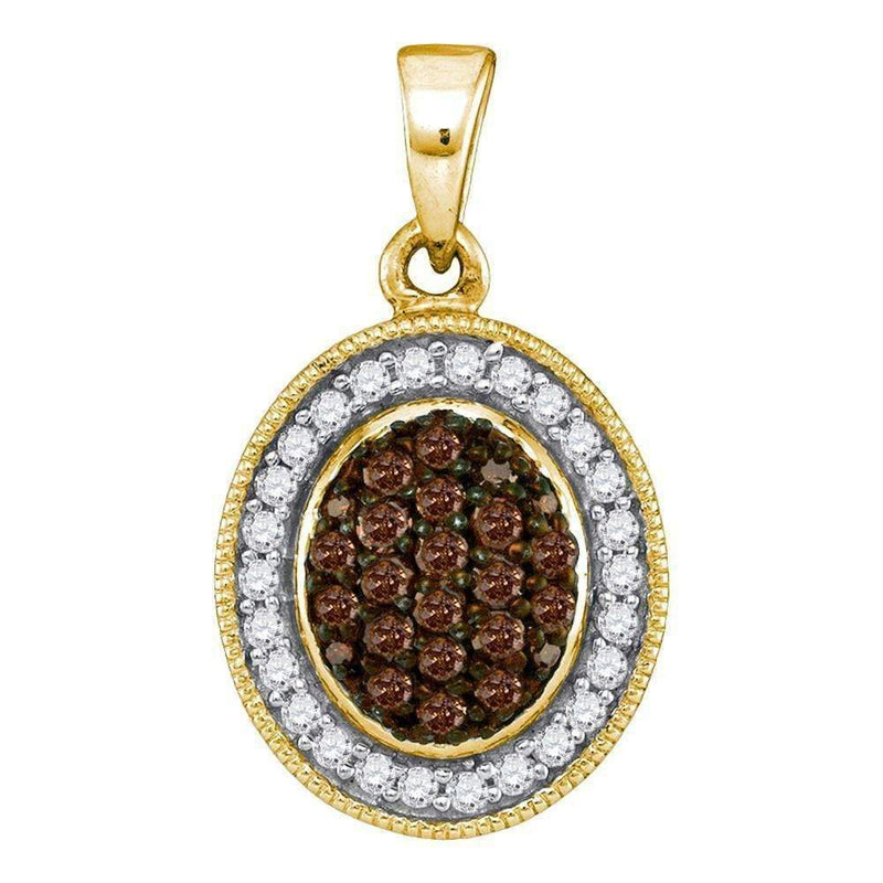 10kt Yellow Gold Women's Round Cognac-brown Color Enhanced Diamond Oval Frame Cluster Pendant 1-3 Cttw - FREE Shipping (US/CAN)-Gold & Diamond Pendants & Necklaces-JadeMoghul Inc.