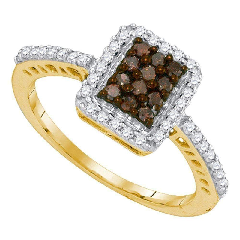 10kt Yellow Gold Women's Round Cognac-brown Color Enhanced Diamond Rectangle Frame Cluster Ring 3/8 Cttw - FREE Shipping (USA/CAN)-Gold & Diamond Cluster Rings-5-JadeMoghul Inc.
