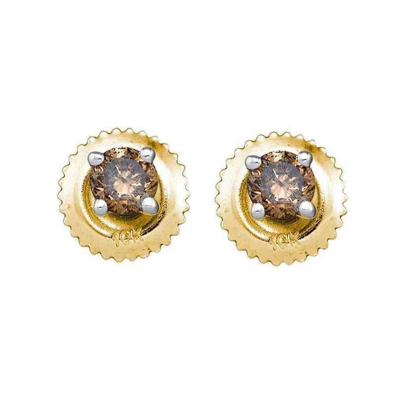 10kt Yellow Gold Women's Round Cognac-brown Color Enhanced Diamond Solitaire Screwback Earrings 1.00 Cttw - FREE Shipping (USA/CAN)-Gold & Diamond Earrings-JadeMoghul Inc.