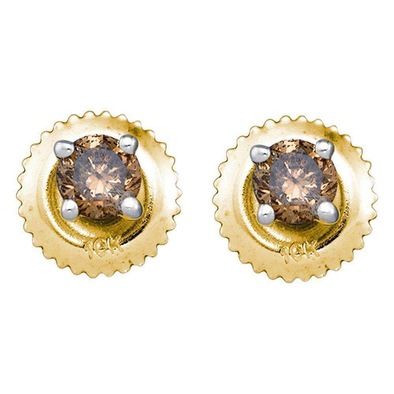 10kt Yellow Gold Women's Round Cognac-brown Color Enhanced Diamond Solitaire Stud Screwback Earrings 1-4 Cttw - FREE Shipping (US/CAN)-Gold & Diamond Earrings-JadeMoghul Inc.
