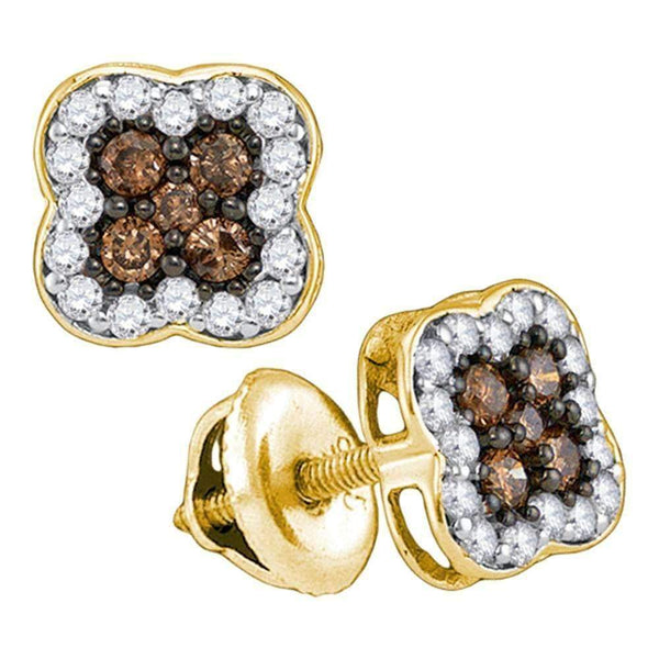 10kt Yellow Gold Women's Round Cognac-brown Color Enhanced Diamond Square Cluster Earrings 1-2 Cttw - FREE Shipping (USA/CAN)-Gold & Diamond Earrings-JadeMoghul Inc.