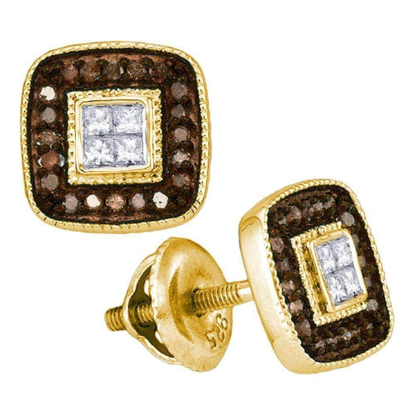 10kt Yellow Gold Women's Round Cognac-brown Color Enhanced Diamond Square Cluster Earrings 1-3 Cttw - FREE Shipping (USA/CAN)-Gold & Diamond Earrings-JadeMoghul Inc.