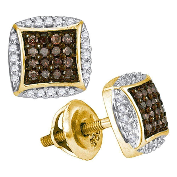 10kt Yellow Gold Womens Round Cognac-brown Color Enhanced Diamond Square Cluster Earrings 1-3 Cttw - FREE Shipping (US/CAN)-Gold & Diamond Earrings-JadeMoghul Inc.