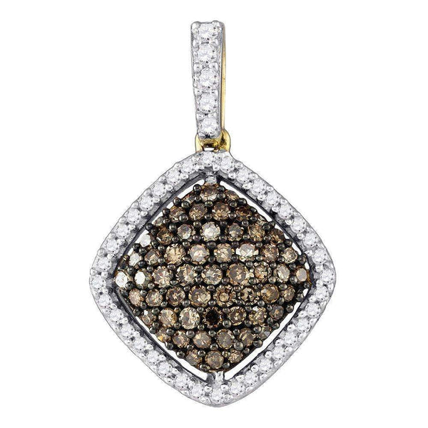 10kt Yellow Gold Women's Round Cognac-brown Color Enhanced Diamond Square Cluster Pendant 1-2 Cttw - FREE Shipping (US/CAN)-Gold & Diamond Pendants & Necklaces-JadeMoghul Inc.