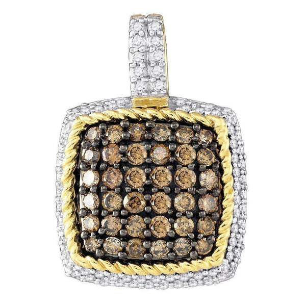 10kt Yellow Gold Women's Round Cognac-brown Color Enhanced Diamond Square Cluster Pendant 3-4 Cttw - FREE Shipping (US/CAN)-Gold & Diamond Pendants & Necklaces-JadeMoghul Inc.