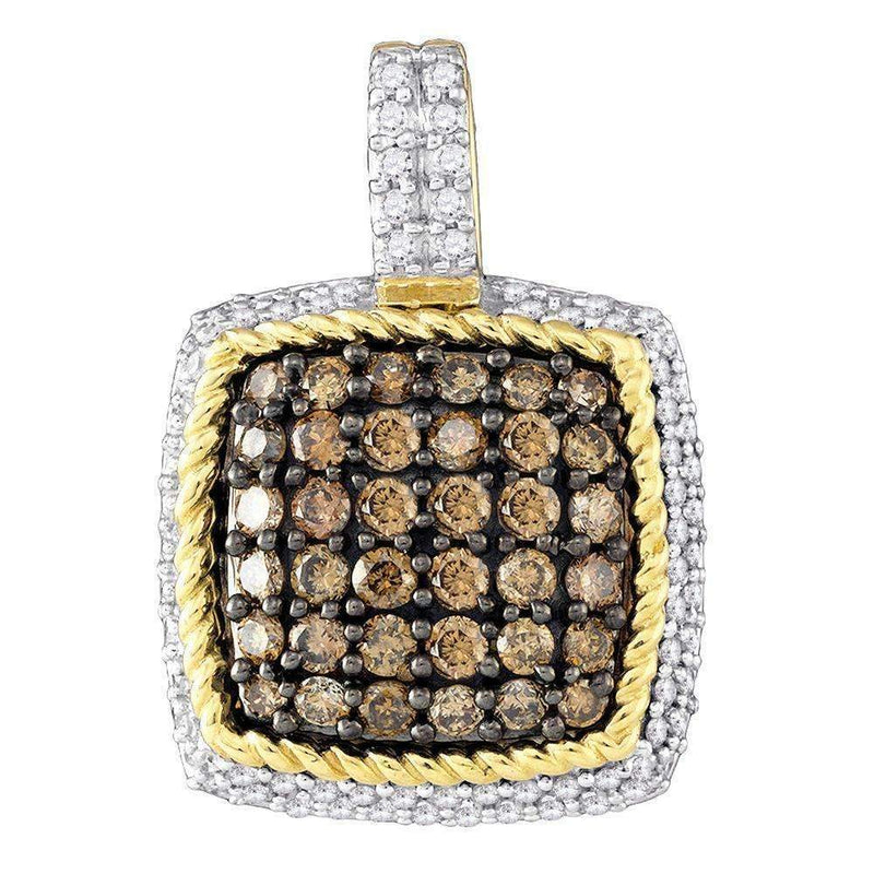 10kt Yellow Gold Women's Round Cognac-brown Color Enhanced Diamond Square Cluster Pendant 3-4 Cttw - FREE Shipping (US/CAN)-Gold & Diamond Pendants & Necklaces-JadeMoghul Inc.