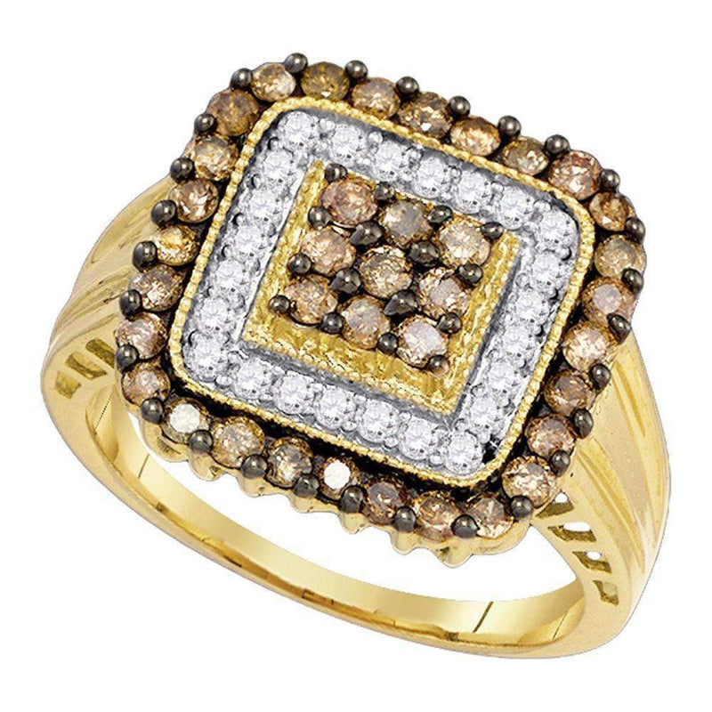 10kt Yellow Gold Women's Round Cognac-brown Color Enhanced Diamond Square Cluster Ring 1.00 Cttw - FREE Shipping (USA/CAN)-Gold & Diamond Cluster Rings-8-JadeMoghul Inc.