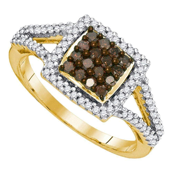 10kt Yellow Gold Women's Round Cognac-brown Color Enhanced Diamond Square Cluster Ring 1/2 Cttw - FREE Shipping (US/CAN)-Gold & Diamond Cluster Rings-5-JadeMoghul Inc.