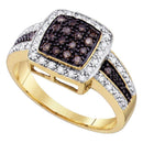10kt Yellow Gold Women's Round Cognac-brown Color Enhanced Diamond Square Cluster Ring 1/2 Cttw - FREE Shipping (US/CAN)-Gold & Diamond Cluster Rings-6-JadeMoghul Inc.