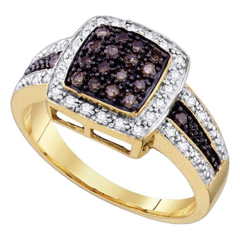 10kt Yellow Gold Women's Round Cognac-brown Color Enhanced Diamond Square Cluster Ring 1/2 Cttw - FREE Shipping (US/CAN)-Gold & Diamond Cluster Rings-6-JadeMoghul Inc.