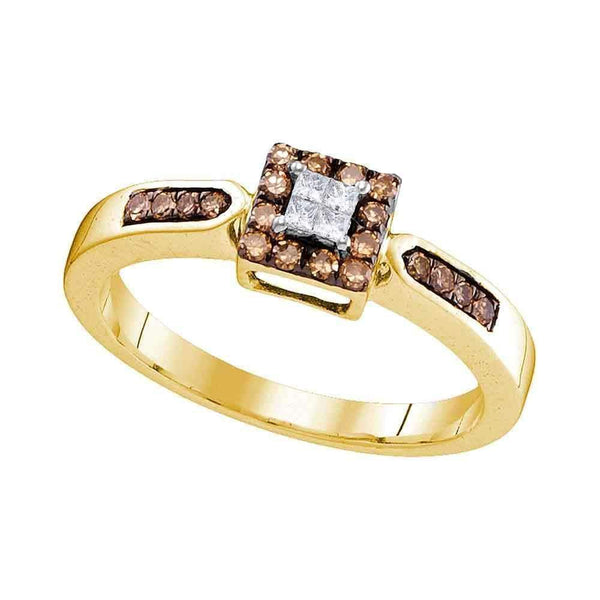 10kt Yellow Gold Women's Round Cognac-brown Color Enhanced Diamond Square Cluster Ring 1/4 Cttw - FREE Shipping (US/CAN)-Gold & Diamond Cluster Rings-5-JadeMoghul Inc.