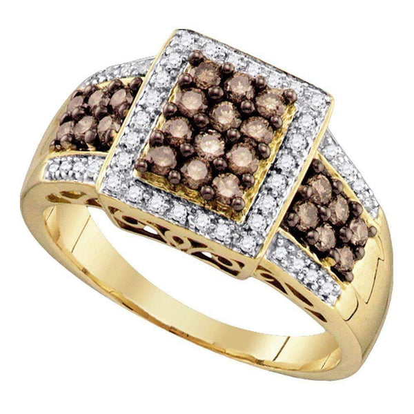 10kt Yellow Gold Women's Round Cognac-brown Color Enhanced Diamond Square Cluster Ring 5/8 Cttw - FREE Shipping (US/CAN)-Gold & Diamond Cluster Rings-5-JadeMoghul Inc.