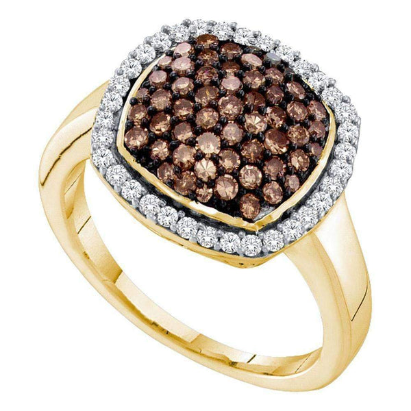 10kt Yellow Gold Women's Round Cognac-brown Color Enhanced Diamond Square Cluster Ring 7/8 Cttw - FREE Shipping (US/CAN)-Gold & Diamond Fashion Rings-5-JadeMoghul Inc.