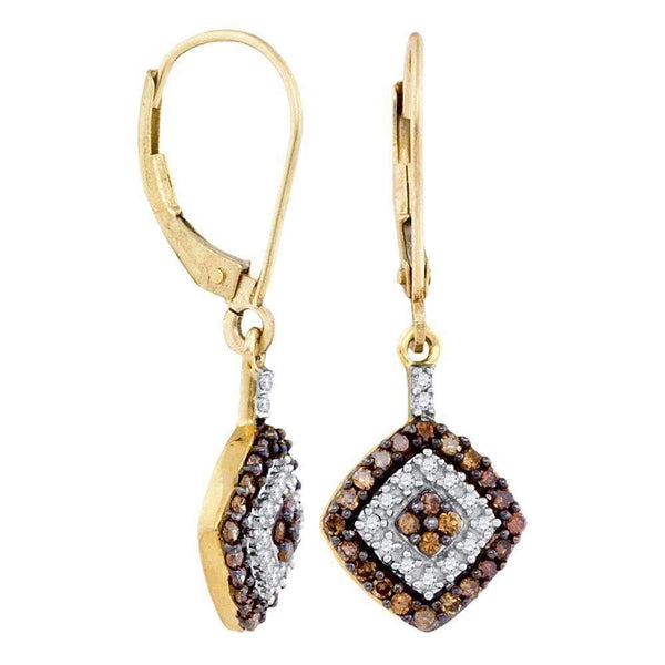 10kt Yellow Gold Women's Round Cognac-brown Color Enhanced Diamond Square Dangle Earrings 1-2 Cttw - FREE Shipping (US/CAN)-Gold & Diamond Earrings-JadeMoghul Inc.
