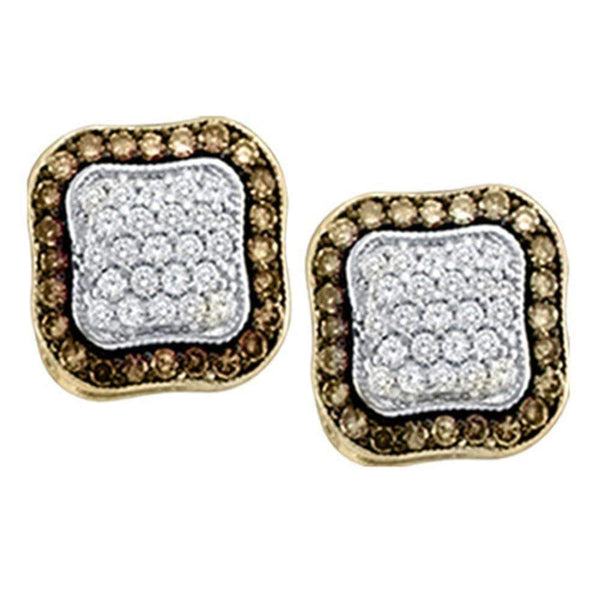 10kt Yellow Gold Women's Round Cognac-brown Color Enhanced Diamond Square Frame Cluster Earrings 1.00 Cttw - FREE Shipping (USA/CAN)-Gold & Diamond Earrings-JadeMoghul Inc.