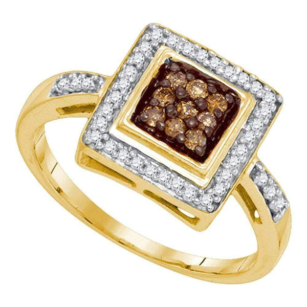 10kt Yellow Gold Women's Round Cognac-brown Color Enhanced Diamond Square Frame Cluster Ring 1/4 Cttw - FREE Shipping (US/CAN)-Gold & Diamond Cluster Rings-5.5-JadeMoghul Inc.