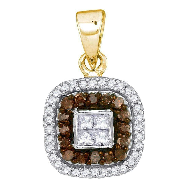 10kt Yellow Gold Women's Round Cognac-brown Color Enhanced Diamond Square Frame Pendant 1-3 Cttw - FREE Shipping (US/CAN)-Gold & Diamond Pendants & Necklaces-JadeMoghul Inc.