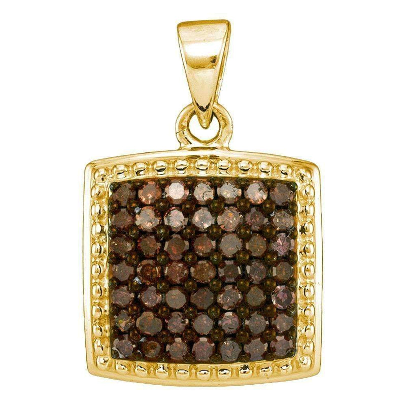 10kt Yellow Gold Women's Round Cognac-brown Color Enhanced Diamond Square Pendant 1-2 Cttw - FREE Shipping (US/CAN)-Gold & Diamond Pendants & Necklaces-JadeMoghul Inc.