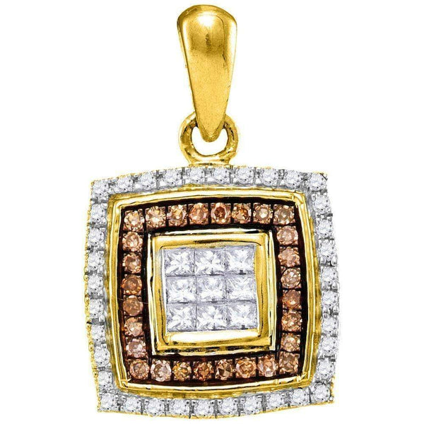 10kt Yellow Gold Women's Round Cognac-brown Color Enhanced Diamond Square Pendant 1-3 Cttw - FREE Shipping (US/CAN)-Gold & Diamond Pendants & Necklaces-JadeMoghul Inc.