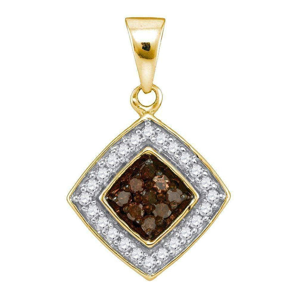 10kt Yellow Gold Women's Round Cognac-brown Color Enhanced Diamond Square Pendant 1-4 Cttw - FREE Shipping (US/CAN)-Gold & Diamond Pendants & Necklaces-JadeMoghul Inc.